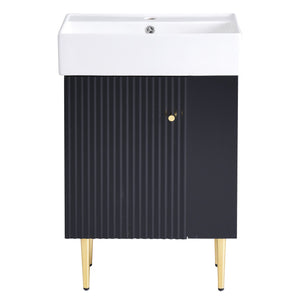 English Elm 21.6" Black Modern Bathroom Vanity with Ceramic Sink, Right Side Storage, Gold Legs & Soft-Close Doors SV000006AAB