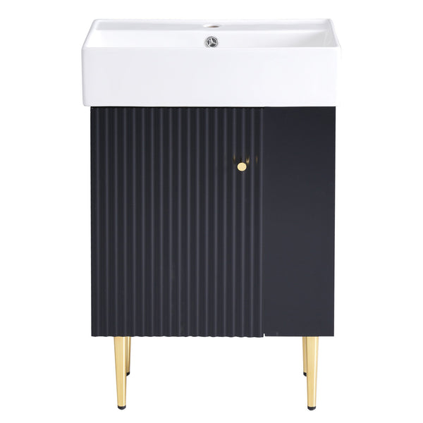 English Elm 21.6" Black Modern Bathroom Vanity with Ceramic Sink, Right Side Storage, Gold Legs & Soft-Close Doors SV000006AAB