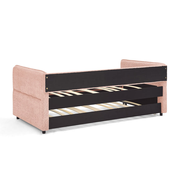 English Elm Daybed Boucle Upholstered Tufted Twin Trundle Sofa for Guest Bedroom Studio Lounge Pink W1413S00172