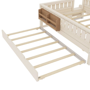 English Elm Twin Kids Platform Bed with Trundle Staircase Bookshelf and Rounded Safety Rails Beige W1580S00559
