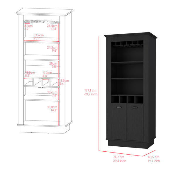 English Elm Hampton Tall Bar Cabinet with Wine Rack Glass Holder and Enclosed Storage Shelves B128S00226
