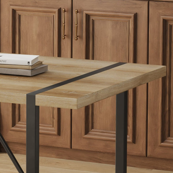 English Elm Table Set With 6 Upholstered Chairs - Modern Medieval Style, Rustic Industrial Mdf Dining Table W1151S04211-GIGA