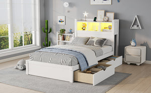 English Elm Twin Wood Storage Bed with Led Headboard Drawers and Pull Out Cabinet for Kids White W2593S00048