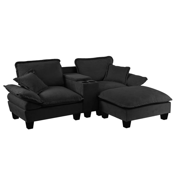 English Elm Modular Cloud Sofa Chenille L-shape with Storage Cup Holders and Usb for Living Room Black W3163S00109