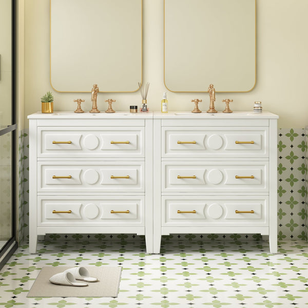 English Elm 60'' Bathroom Vanity Set With Elegant Ceramic Sink, Soft-Close Drawers, Solid Wood Frame Storage Solution N710SS00003K