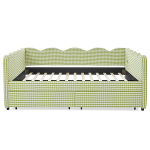 English Elm Queen Gingham Linen Daybed with Wave Backrest Two Storage Drawers and Usb Port Green W1413S00151
