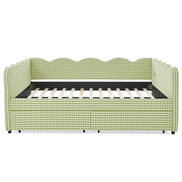 English Elm Queen Gingham Linen Daybed with Wave Backrest Two Storage Drawers and Usb Port Green W1413S00151