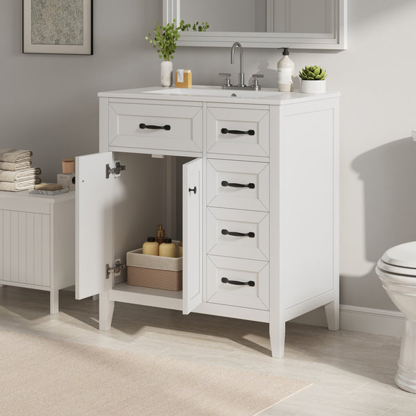 English Elm [video] 30 Inch Freestanding Bathroom Vanity White Mdf Pine Legs Ceramic Sink Soft Close N759P394442K