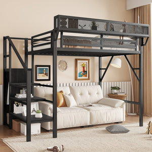 English Elm Twin Twin Size Loft Bed with Stairs and Built-In Shelves, Metal High Loft with Wardrobe for Kids Teens Black W2580S00035