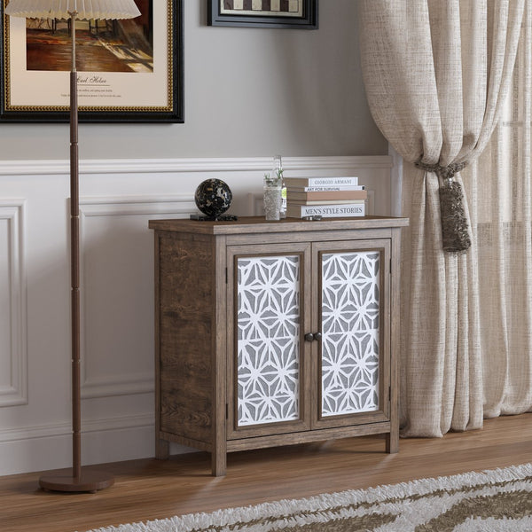 English Elm Rustic Vintage Wood Storage Cabinet with Metal Frame & Linen Doors, Dustproof Geometric Design, Easy Assembly W808P245584