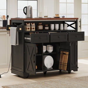 English Elm K&K 46.5'' Farmhouse Kitchen Island Cart with Beaded Drapes, Drop Leaf, Power Hub, Ample Storage Black N707P254872B