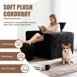 English Elm Boneless Corduroy Lounge Chair with Ottoman High Back Accent Pillow No Assembly Black W5385P433290