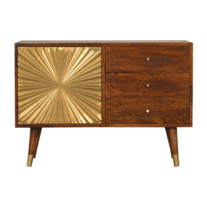 English Elm Solid Mango Wood Sideboard with Brass Accents Three Drawers Chestnut Hallway Storage B182P280784