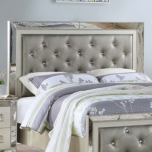 English Elm Glamorous Upholstered Tufted Queen Bed with Mirrored Trim and Luxurious Button Detail for Glam Bedrooms Grey,Silver 87 L x 10 W x 5 H B011S01991