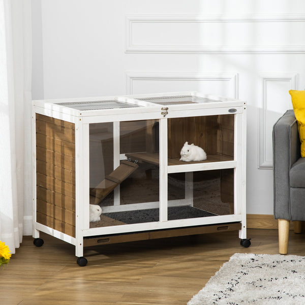 English Elm PawHut Compact Indoor Rabbit Hutch on Wheels with Plexiglass Window, Waterproof Wood Cage, Brown W2225P217665