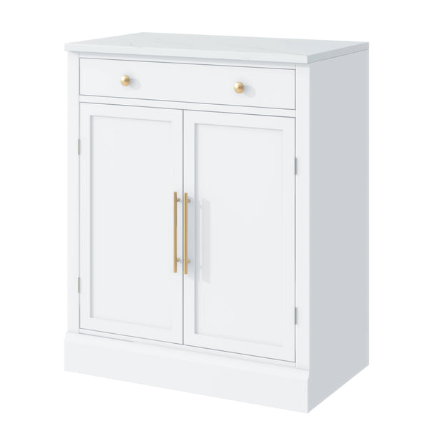 English Elm [Assembly Modern Freestanding Kitchen Pantry with Faux Marble Top, Set of 2 Cabinets with Drawer, Adjustable Shelves, Sleek Durable Design for Dining Room and Coffee Bar White SP000074AAK