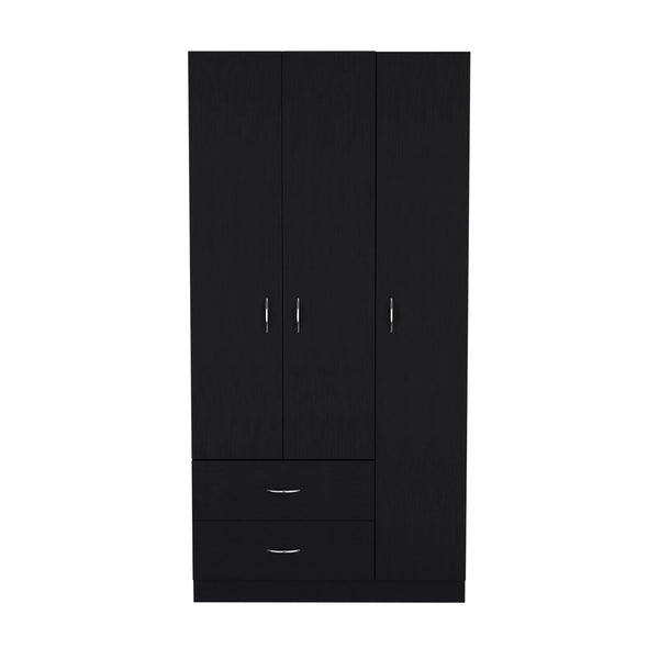 English Elm Bosko Three Door Wardrobe Armoire with Drawers Hanging Rod Black Wengue Finish B097S00224