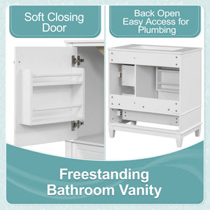 English Elm Christopher Knight Home® - 30" Freestanding Bathroom Vanity with Ceramic Sink, Soft-Close Door, Gold Knobs & 3 Drawers, Durable Painted Finish White N759P225994K