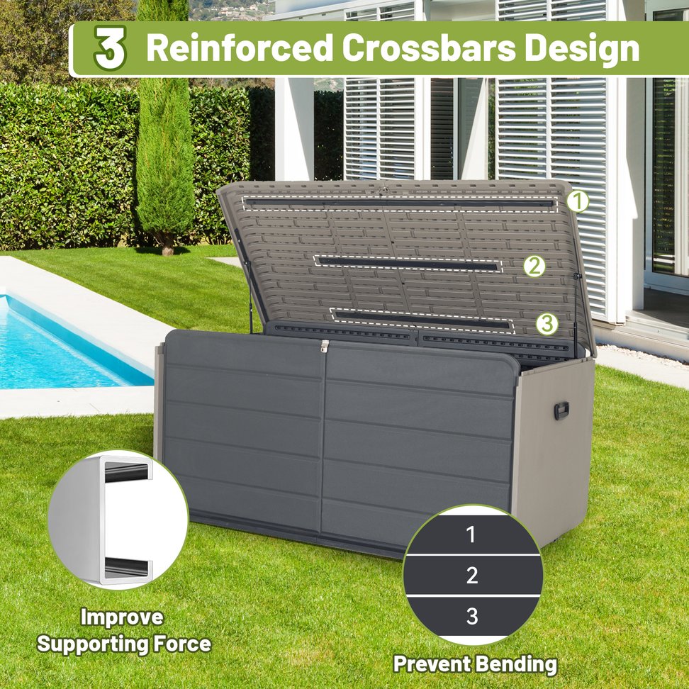 English Elm 260 Gallon Resin Outdoor Storage Deck Box with Wheels Lock and Waterproof Bench Lid W1859S00219