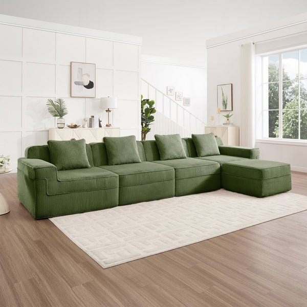 English Elm Modular L-Shaped Sectional Sofa In Plush Green Corduroy - Cloud-Like Comfort With Movable Ottoman & Pillows W3041S00335
