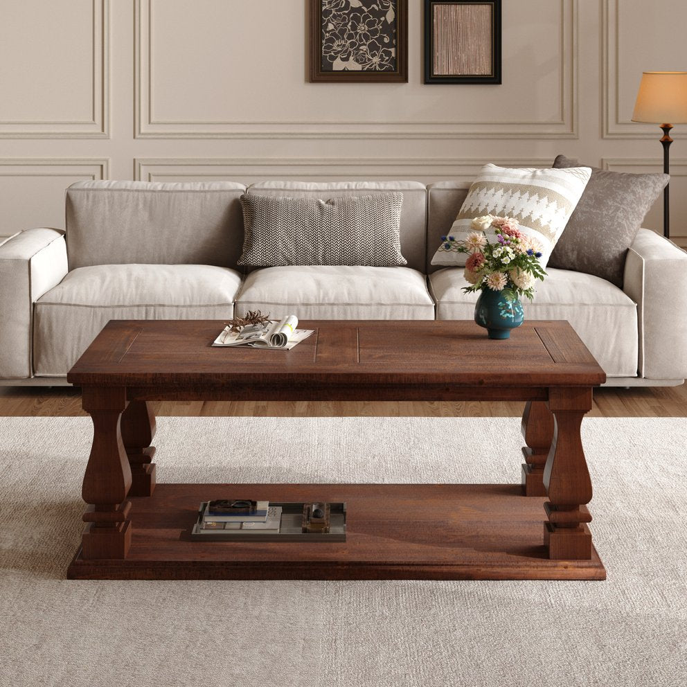 English Elm Farmhouse Coffee Table Solid Planked Wood with Open Shelf Square Baluster Living Room Antique Brown,Walnut Brown W1445P362862