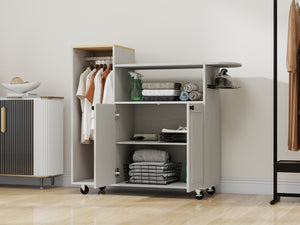 English Elm Ironing Cabinet on Wheels with Pull Out Board Open Shelves and Antique White Finish W1120P330148