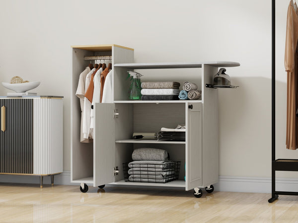 English Elm Ironing Cabinet on Wheels with Pull Out Board Open Shelves and Antique White Finish W1120P330148