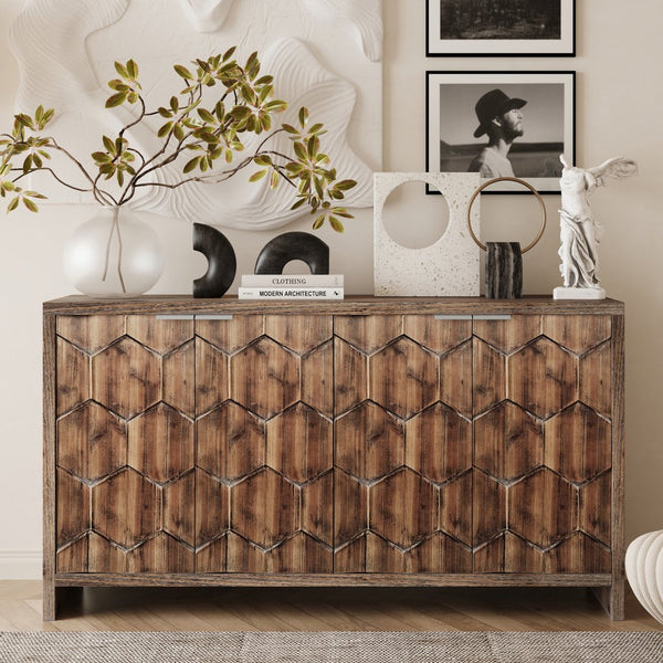 English Elm Accent Farmhouse Sideboard with Fluted Four Door Wood Storage for Dining or Entryway W1435P216113