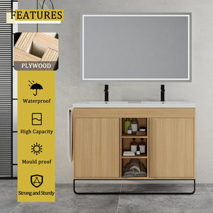 English Elm 48" Freestanding Bathroom Vanity With Resin Double Sink, Soft-Close Doors & Open Storage For Modern Style W999S00479