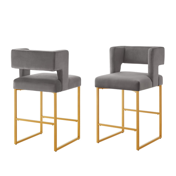English Elm Modern Velvet Counter Stools Set of Two with Gold Iron Frame and Square Open Back Dark Gray W2186P171943