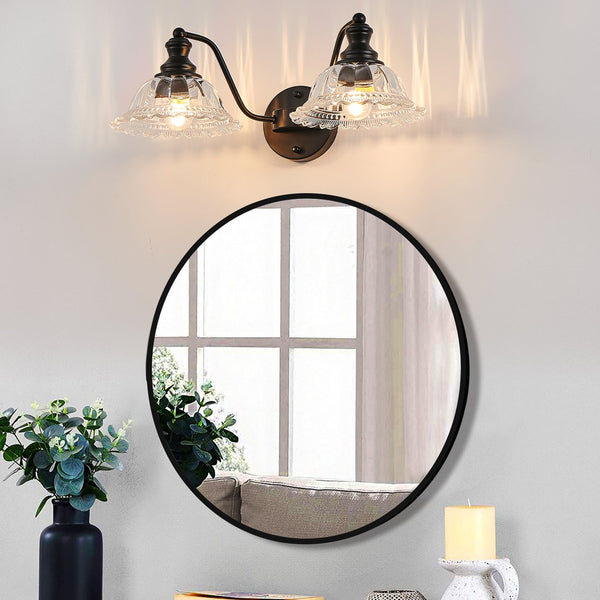 English Elm 20 Inch 2-Light Vintage Bathroom Wall Sconce with Iron and Glass Shades – Elegant Vanity Lighting for Mirror and Hallway Black W2312P374842