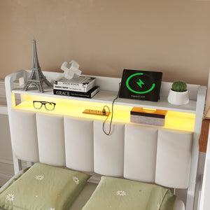 English Elm Ful Full-over-Twin Metal Bunk Bed with Desk, Bookshelves, LED Lighting & USB Charging Station, White W2580S00041