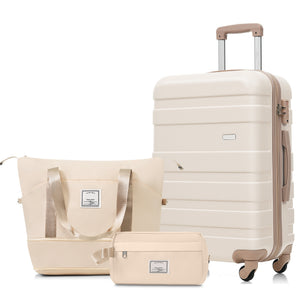 English Elm 3-piece Hardshell Abs Travel Set with Tsa Lock Spinner Wheels Duffel and Toiletry Bag Ivory+Gold N726P439331R