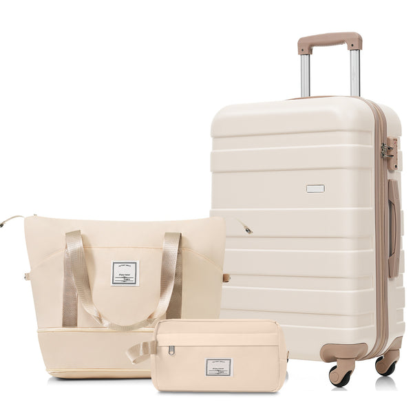 English Elm 3-piece Hardshell Abs Travel Set with Tsa Lock Spinner Wheels Duffel and Toiletry Bag Ivory+Gold N726P439331R