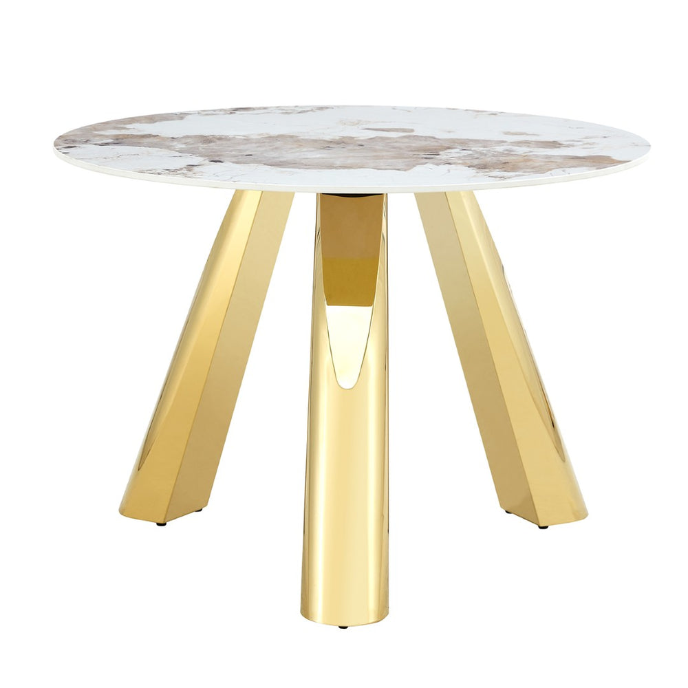 English Elm Table 7-Piece Dining Set: 42-Inch White Imitation Marble Round Table With 6 Gold-Leg Chairs W2920S00050-GIGA