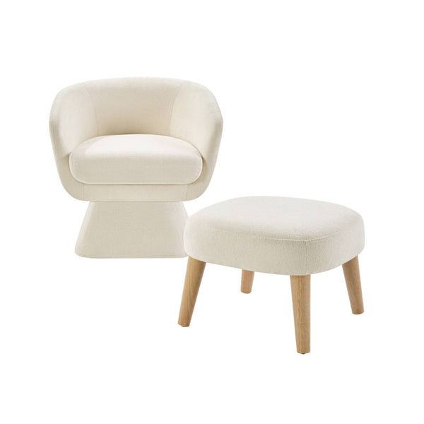English Elm Lazy Swivel Barrel Chair and Ottoman Set Upholstered Modern Reading Nook Accent Beige+White W2085P381032