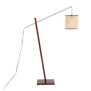 English Elm Arturo Contemporary Floor Lamp - Walnut Wood & Satin Nickel With Woven Rattan Shade For Cozy Spaces B202S01388