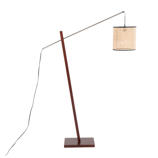 English Elm Arturo Contemporary Floor Lamp - Walnut Wood & Satin Nickel With Woven Rattan Shade For Cozy Spaces B202S01388