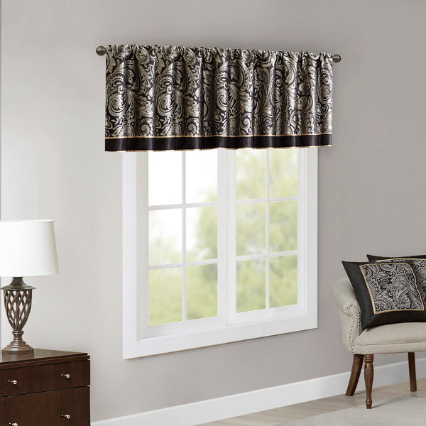 JLA Home Madison Park - Jacquard Paisley-Textured Window Valance with Faux Silk Trim, Metallic Highlights & OEKO-TEX Safety Black MP41-1606