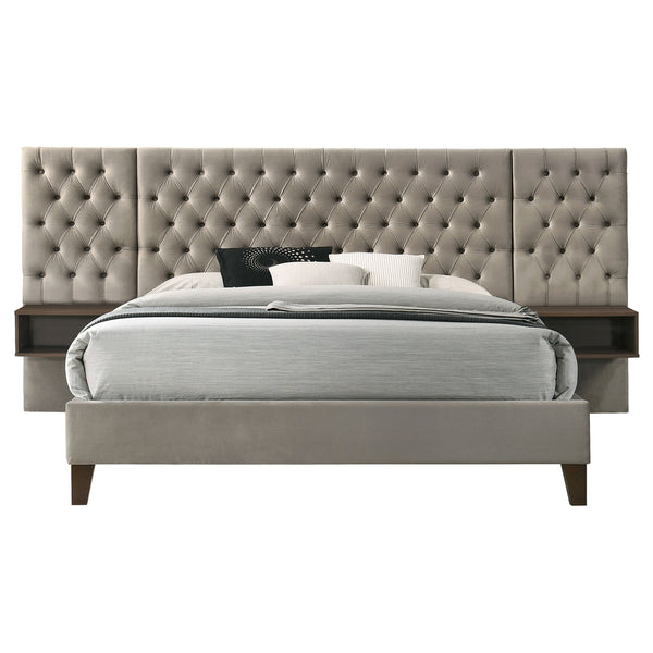 English Elm Kiah Oversized Tufted Light Brown Queen Wall Panel Bed with Foam Upholstery and Floating Nightstands B062S00617
