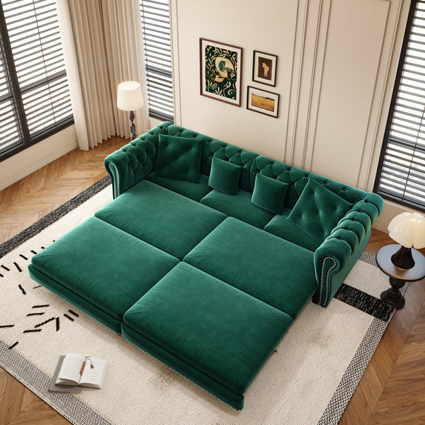 English Elm Chesterfield 3-In-1 Convertible Sleeper Sofa Bed With Movable Ottoman & Pillows - Stylish Green Velvet W1885S00176