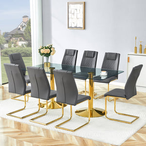 English Elm Table and Chair Set 8 Seater Tempered Glass Top with Pu Leather Dining Room Furniture Dark Gray,Gold,Transparent W1151S04563