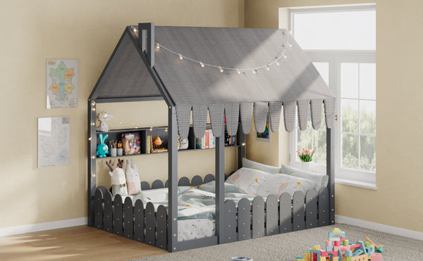 English Elm {slats Are Not Included} Twin Montessori House Floor Bed Kids Tent Lights Shelves Pinewood Frame Gray N708P407963E