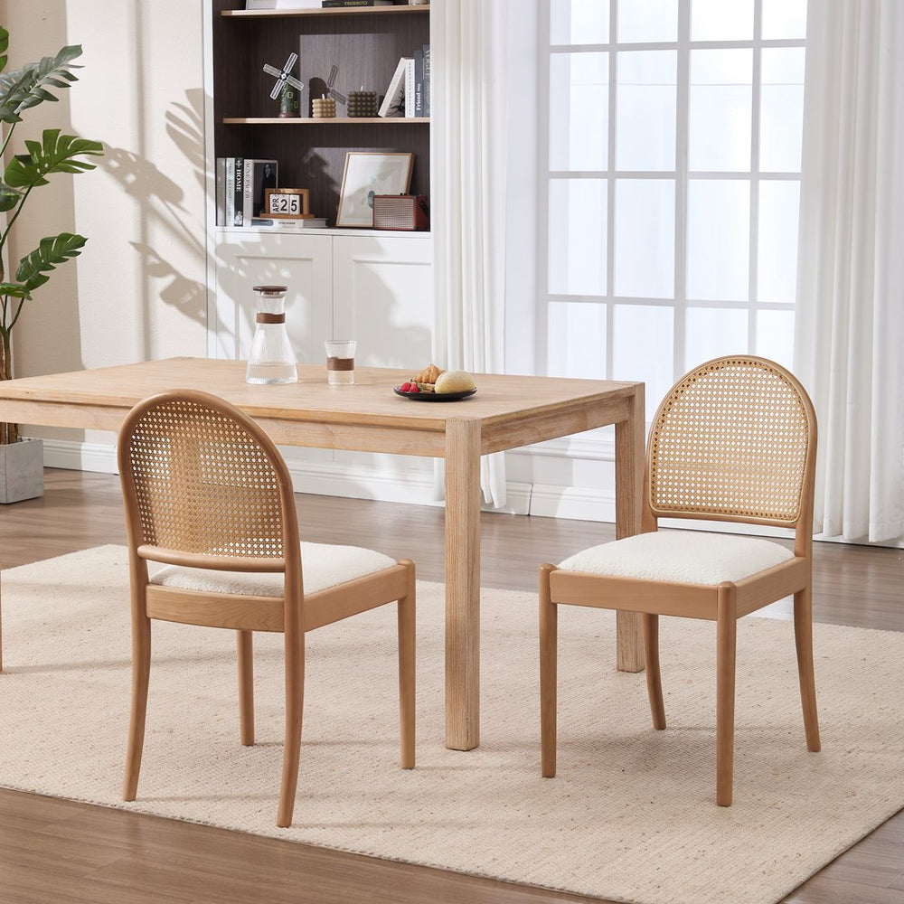 English Elm Rattan Backrest Dining Chairs Set of 2 Teddy Fabric Cushion Solid Wood Legs Kitchen Beige W3244P475485