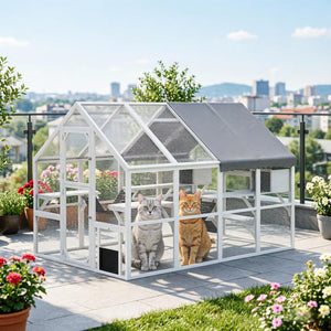 English Elm Wooden Fir Catio Outdoor Cat Enclosure with Uv Cover Platforms and Climbing Ladders T3971S00241