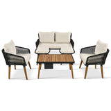 English Elm K&K 6-Piece Rope Patio Furniture Set, Outdoor Furniture With Acacia Wood Cool Bar Table With Ice Bucket , Deep Seat Patio Conversation Set With Two Stools For Backyard Porch Balcony (Black & Beige)