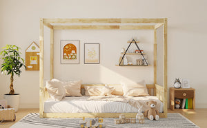 English Elm Twin Canopy Floor Bed Rubberwood Frame with Fence Guardrails for Kids Bedroom Natural W504P351804