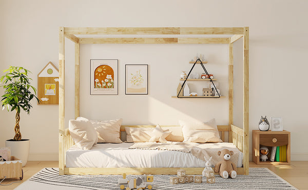 English Elm Twin Canopy Floor Bed Rubberwood Frame with Fence Guardrails for Kids Bedroom Natural W504P351804