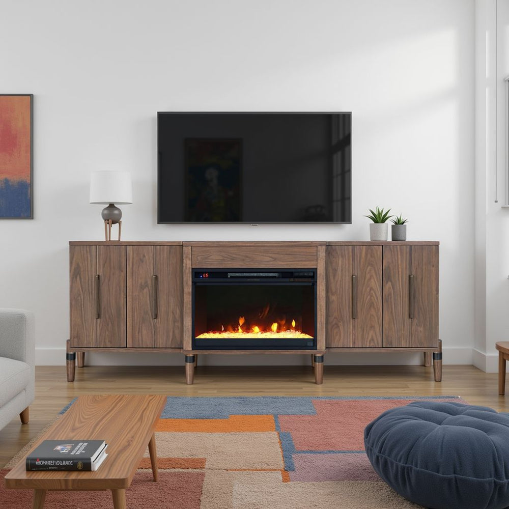 English Elm Tranquility Walnut Fireplace Tv Stand with Mid-century Legs Fits Tvs up to 90 Inches B108P411438