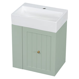 English Elm 20-Inch Compact Bathroom Vanity with Ceramic Sink, Wall-Mounted MDF Cabinet, Modern Space-Saver Design Green N725P314023F